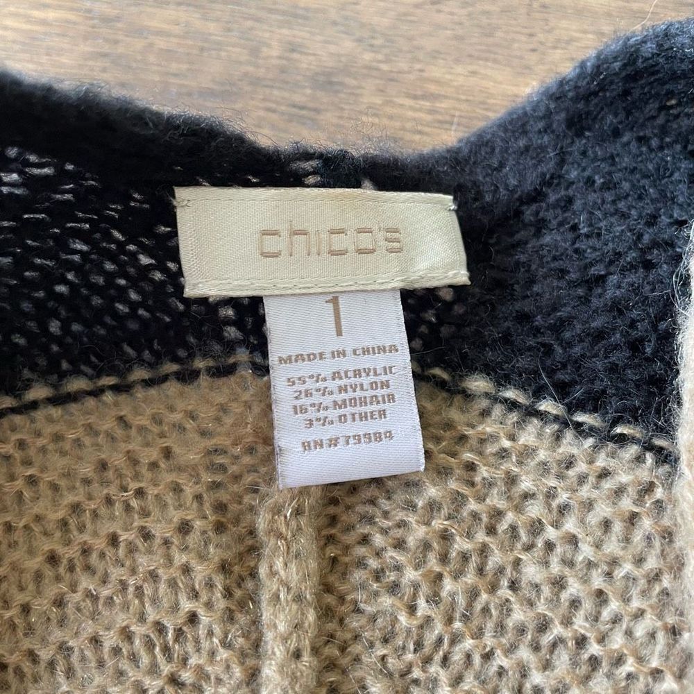 Chico’s Women’s Open Front Cardigan Sweater Tan Gold Black Striped Medium (8) - Picture 4 of 8
